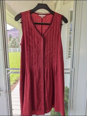 Kleen Silk Linen Pintuck Tunic Dress Red Sleeveless Pockets Size S